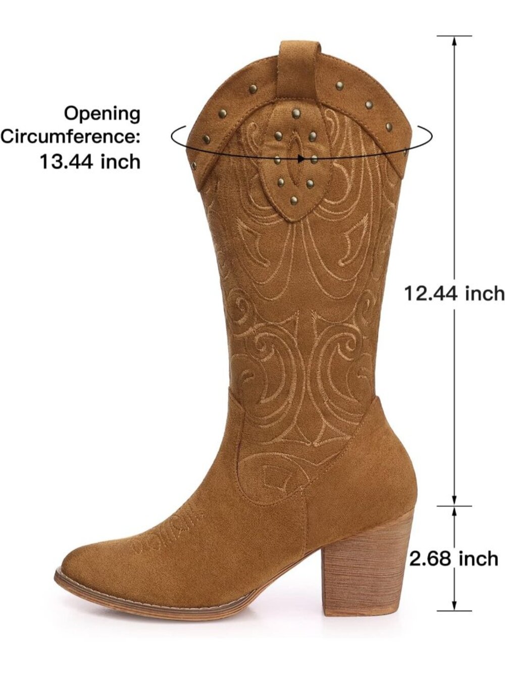 Women's Western Pointed Toe Chunky Heel Suede Embroidered Mid Calf Boot Brown - Picture 5 of 6